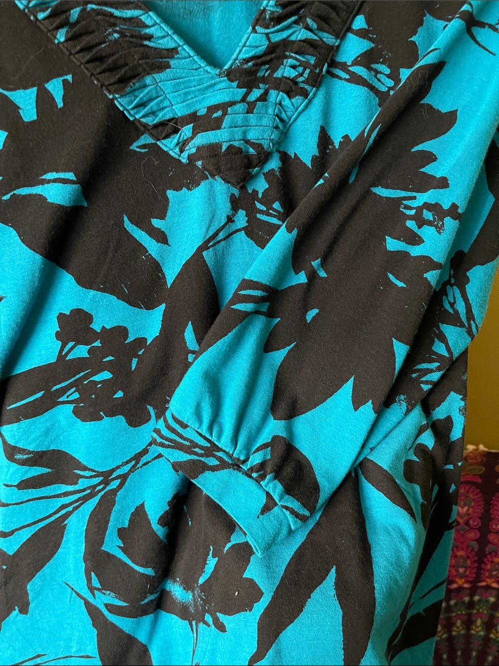 a.n.a Teal Floral V-Neck Blouse with Black Print
